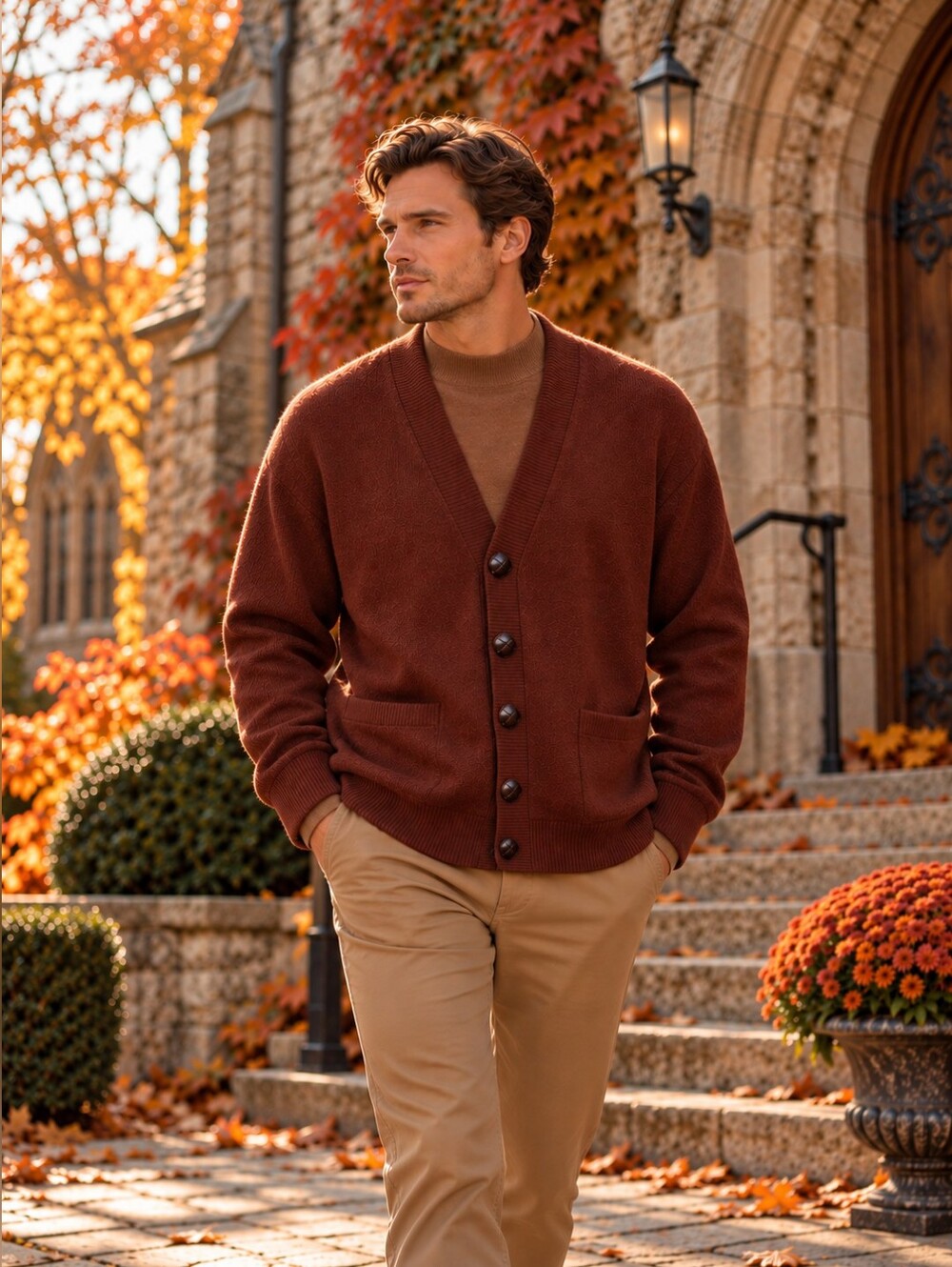 Chestnut Brown Lambswool Button-Front Cardigan